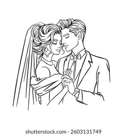Elegant bride and groom married newlyweds black and white. illustration