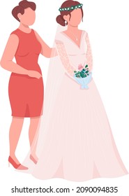 Elegant bride with mother semi flat color vector character. Posing figure. Full body person on white. Prepare for ceremony isolated modern cartoon style illustration for graphic design and animation