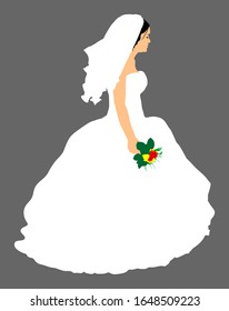 Elegant bride on wedding day, in wedding dress vector illustration. Married young woman. Just married. Beautiful lady in white dress waiting for groom. Smiling bride  with bouquet of flowers in hands.