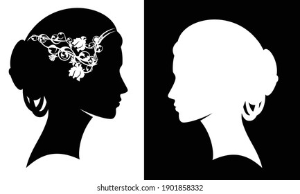 elegant bride profile portrait decorated with rose flowers - beautiful woman head silhouette set