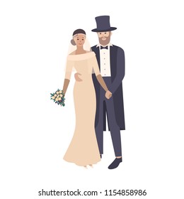 Elegant bride wearing exquisite wedding gown and groom dressed in luxurious tailcoat and top hat. Pair of newlyweds isolated on white background. Colored vector illustration in flat cartoon style