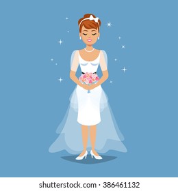 Elegant Bride in Wedding dress in modern styles. Fashion illustration. Cartoon girl, woman