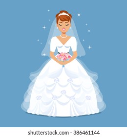 Elegant Bride in Wedding dress in modern styles. Fashion illustration. Cartoon girl, woman