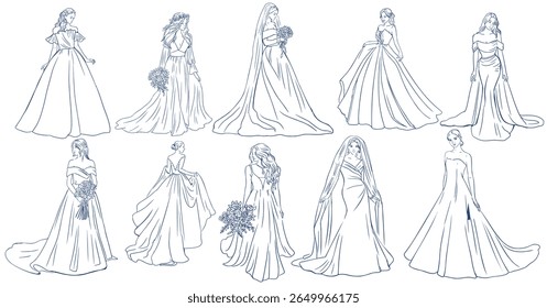 Elegant Brides in Wedding Dresses – Hand Drawn Minimalist Line Art Clipart Set of Fashion Bridal Gowns and Silhouettes