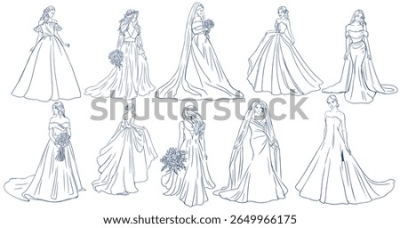 Elegant Brides in Wedding Dresses – Hand Drawn Minimalist Line Art Clipart Set of Fashion Bridal Gowns and Silhouettes