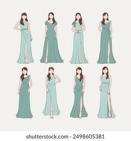 Elegante vestido de dama de honor Ilustraciones en varios estilos. Con ocho diseños de vestido distintos con siluetas fluidas y colores pastel suaves. Ideal para invitaciones de boda.