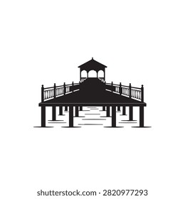 Elegant bridge featuring a charming small gazebo, artfully designed over water as a black and white silhouette. This graphic vector illustration is perfect for enhancing park landscapes or adding a picturesque architectural element to various designs, evoking tranquility.