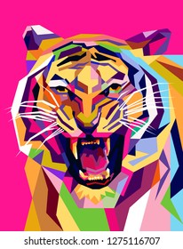 Elegant with bright colors, illustration of a tiger in a modern pop art style with a colorful background