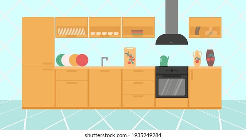 Elegant bright kitchen interior with cookware and equipment. Colorful vector illustration.