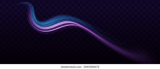 Elegante onda lineal de neón brillante. Luz de velocidad rayas de fondo de Vector con efecto de luz de movimiento rápido borroso, colores púrpura azul en negro. Rastro de luz curvado estirado hacia arriba. Coche rápido.
