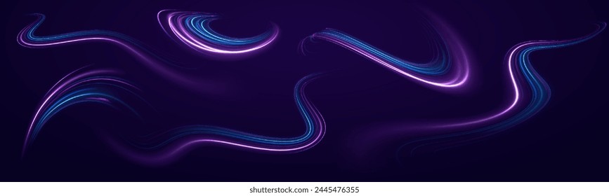 Elegant bright neon linear wave. Speed light streaks vector background with blurred fast moving light effect, blue purple colors on black. Curved light trail stretched upward. Fast speed car.