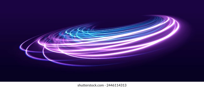 Elegant bright neon linear wave. Speed light streaks vector background with blurred fast moving light effect, blue purple colors on black. Curved light trail stretched upward. Fast speed car.