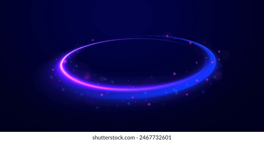 Elegant bright neon linear wave. Abstract light lines of movement and speed with blue color and sparkles. Vector background. Neon glowing curves strewn with sparks in a dark space.	