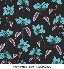 Elegant bright seamless pattern with delicate turquoise sketch flowers with purple leaves. Hand drawn illustration of abstract spring flower, texture for textile, wrapping paper, surface, background