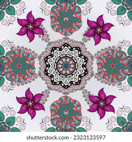 Elegant, bright and seamless pleasant flower pattern design. It can be used on mug prints, baby apparels, wallpaper, wrapping boxes etc. vector. Mandala. 
