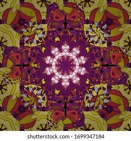 Elegant, bright and seamless yellow, purple and red flower pattern design. Vector. It can be used on mug prints, baby apparels, wallpaper, wrapping boxes etc.