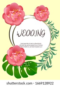 Elegant brochure, card, background, cover. Camellia, exotic leaves. Save the date, invitation, birthday card design.