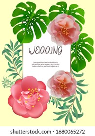 Elegant brochure, card, background, cover. Camellia, exotic leaves. Save the date, invitation, birthday card design.