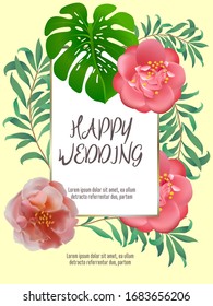 Elegant brochure, card, background, cover. Camellia, exotic leaves. Save the date, invitation, birthday card design.
