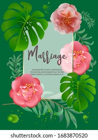 Elegant brochure, card, background, cover. Camellia, exotic leaves. Save the date, invitation, birthday card design.