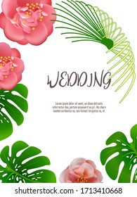 Elegant brochure, card, background, cover. Camellia, exotic leaves. Save the date, invitation, birthday card design.