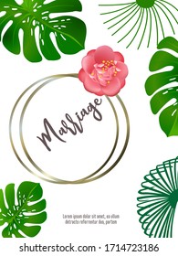 Elegant brochure, card, background, cover. Camellia, exotic leaves. Save the date, invitation, birthday card design.