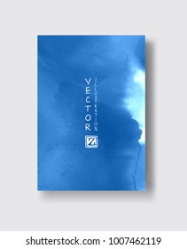 Elegant brochure template design with blue ink brush elements. Abstract decoration. Vector illustration.