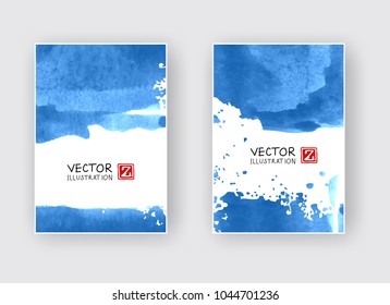 Elegant brochure template design with blue ink brush elements. Abstract decoration. Vector illustration.