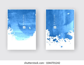 Elegant brochure template design with blue ink brush elements. Abstract decoration. Vector illustration.