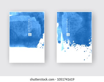 Elegant brochure template design with blue ink brush elements. Abstract decoration. Vector illustration.