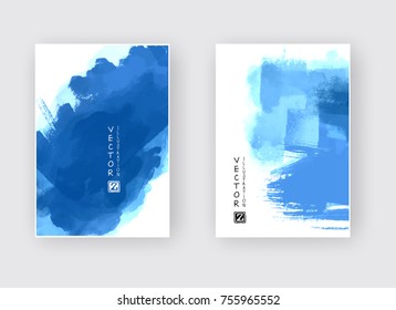 Elegant brochure template design with blue ink brush elements. Abstract decoration. Vector illustration.