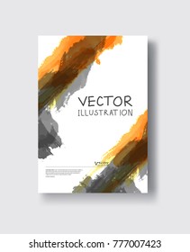 Elegant brochure template design with orange, gold, yellow, gray ink brush elements. Abstract decoration. Vector illustration.