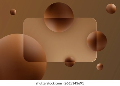 Eleganter brauner Hintergrund mit transparentem Rahmen und volumetrischen Kugeln im Glasmorphismus-Stil.