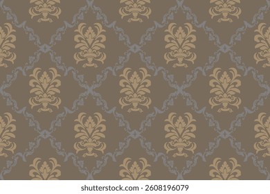 Elegant Brown and Beige Damask Pattern Wallpaper with Ornate Motifs