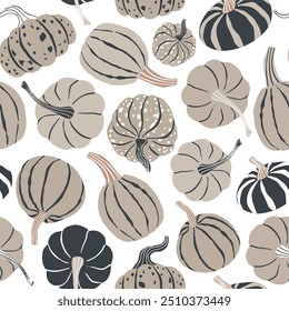 Elegant brown beige pumpkins scattered on white background seamless pattern. Autumn season modern repeat pattern for textile, paper, wallpaper design.