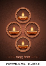 Elegant brown color background for Diwali with four circular frames having beautiful lamp.