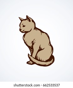 Elegant brown Felis catus on light backdrop. Freehand linear dark ink hand drawn picture logo sketchy in art scribble retro style pen on paper. Closeup side view with space for text on sky