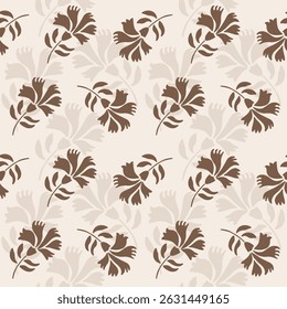 Elegant Brown Floral Arrangement on Beige Surface. Earthy Vintage Floral Seamless Pattern. Warm Brown Garden Print.