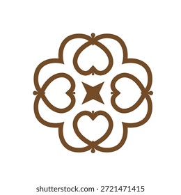 Elegante Padrão Floral Marrom Emblema Com Motivos de Coração, Simetria e Design de Estrela Central.