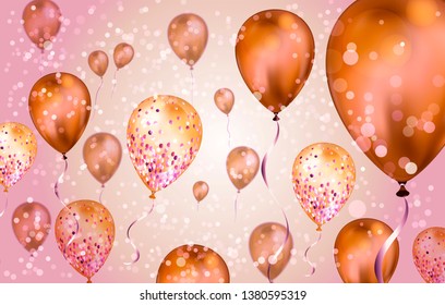 Elegant Brown Flying helium Balloons with Bokeh Effect and glitter. Wedding, Birthday and Anniversary Background. Vector illustration for invitation card, party brochure, banner.