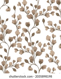 Elegant brown leaf seamless pattern with cotton branches, design elements. Floral pattern for invitations, greeting cards, scrapbooking, print, gift wrap, manufacturing