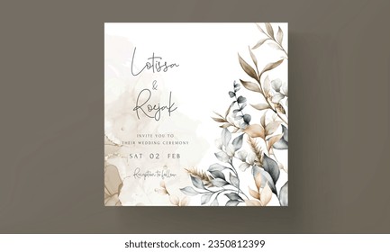 elegant brown leaves watercolor wedding card template