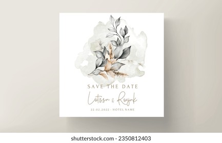 elegant brown leaves watercolor wedding card template