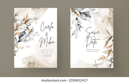 elegant brown leaves watercolor wedding card template