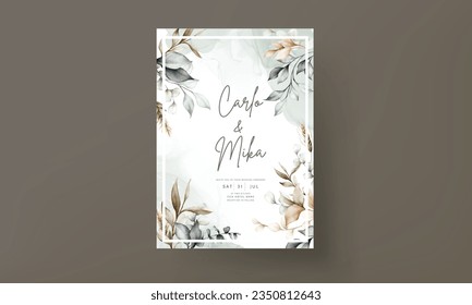 elegant brown leaves watercolor wedding card template