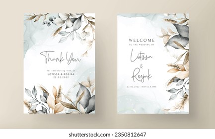 elegant brown leaves watercolor wedding card template