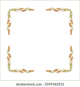 Elegant brown ornamental frame with cereal spikelets, wheat ears, decorative border, corners for greeting cards, banners, business cards, invitations, menus. Isolated vector illustration.	