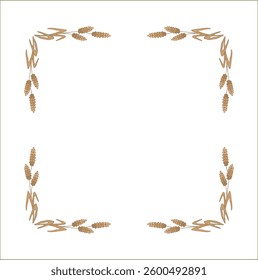 Elegant brown ornamental frame with cereal spikelets, wheat ears, decorative border, corners for greeting cards, banners, business cards, invitations, menus. Isolated vector illustration.	