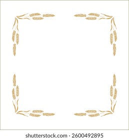 Elegant brown ornamental frame with cereal spikelets, wheat ears, decorative border, corners for greeting cards, banners, business cards, invitations, menus. Isolated vector illustration.	