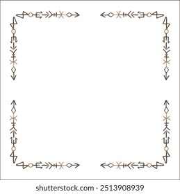 Quadro ornamental marrom elegante com runas viking, borda decorativa, cantos para cartões de saudação, banners, cartões de visita, convites, menus. Ilustração isolada de vetor.	
